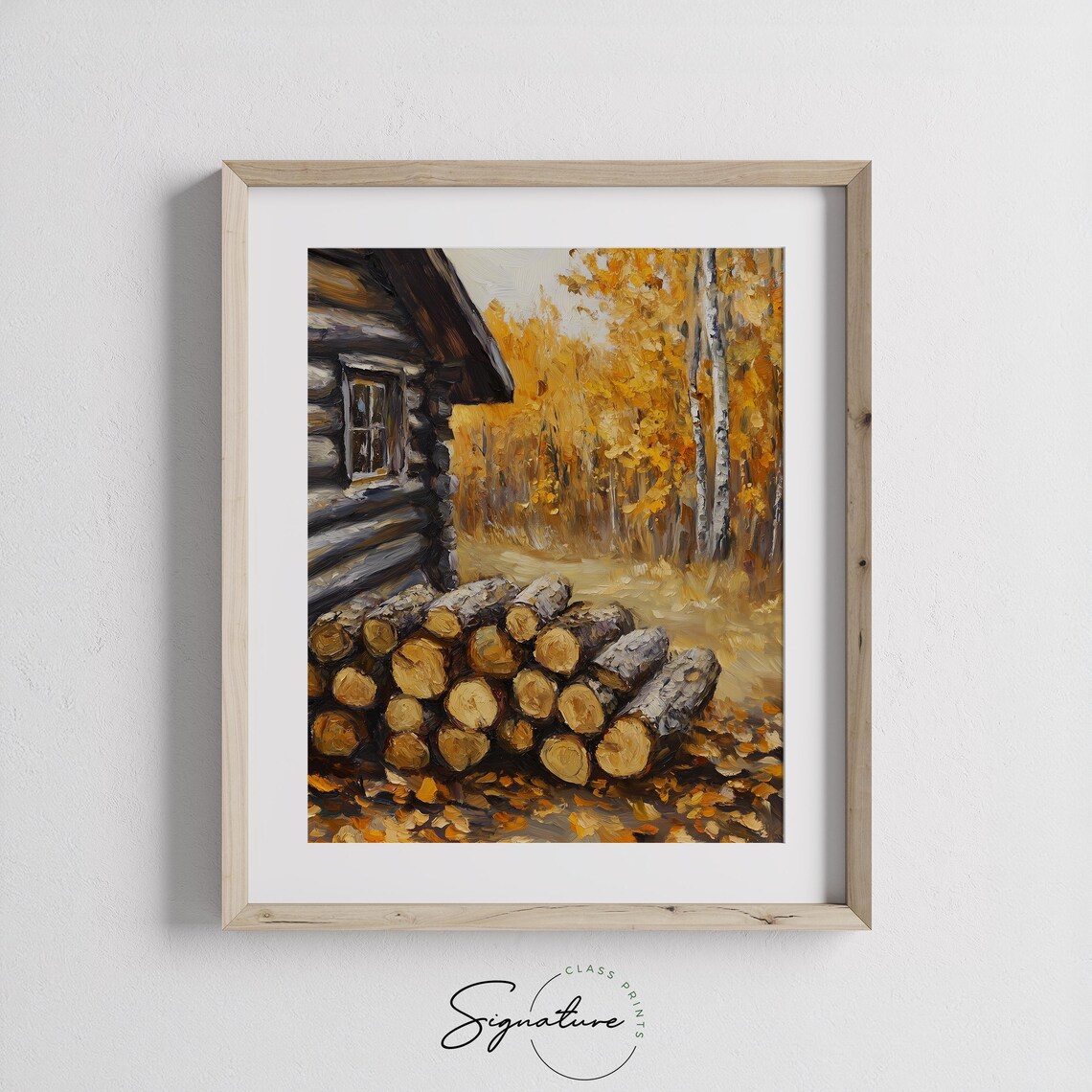 Stacked Firewood Log Cabin Golden Birch Trees Autumn Scene Poster - Image 3