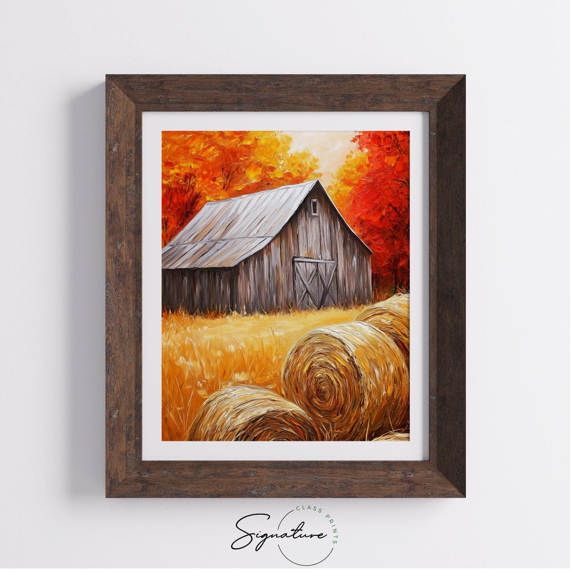 Weathered Barn Metal Roof Hay Bales Fiery Autumn Trees Poster - Image 4
