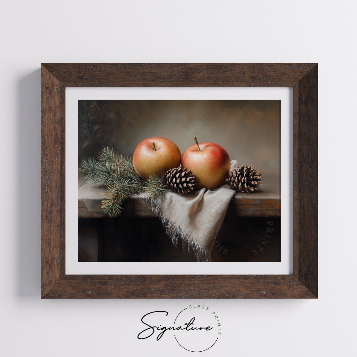 Autumn Apples Pinecones Still Life Oil Painting Rustic Kitchen Poster - Image 5