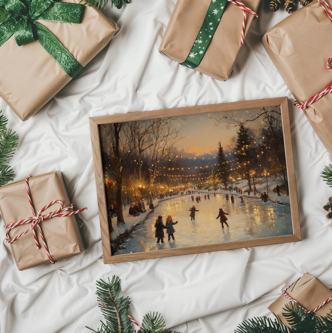 Children Ice Skating At Dusk On A Frozen Park Pond Winter Poster - Image 2