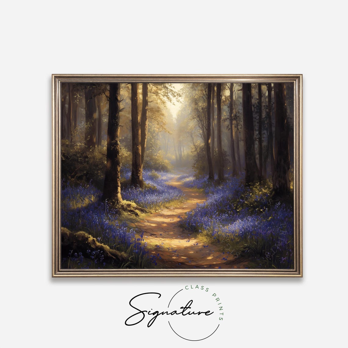 Sunlit Bluebell Wood Path Between Towering Forest Trees Wall Art - Image 4