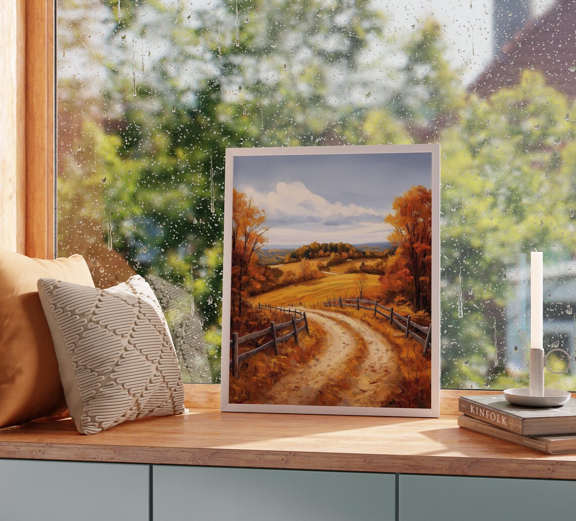 Split Rail Fence Dirt Road Autumn Valley Country Painting Print - Image 2