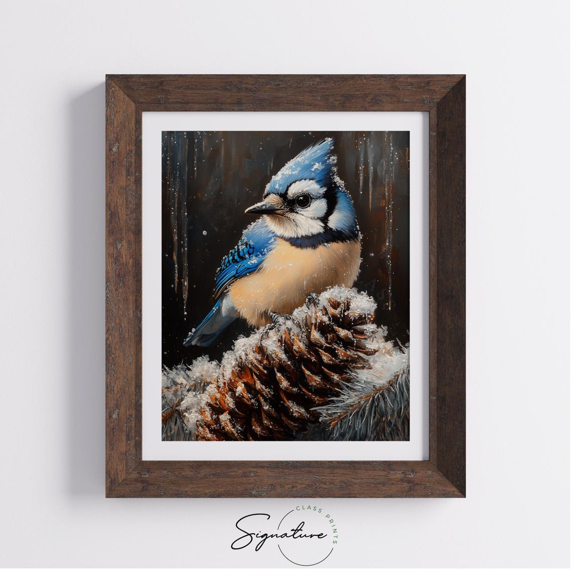 Blue Jay Perched On Snowy Pinecone Dark Winter Bird Portrait Poster - Image 2