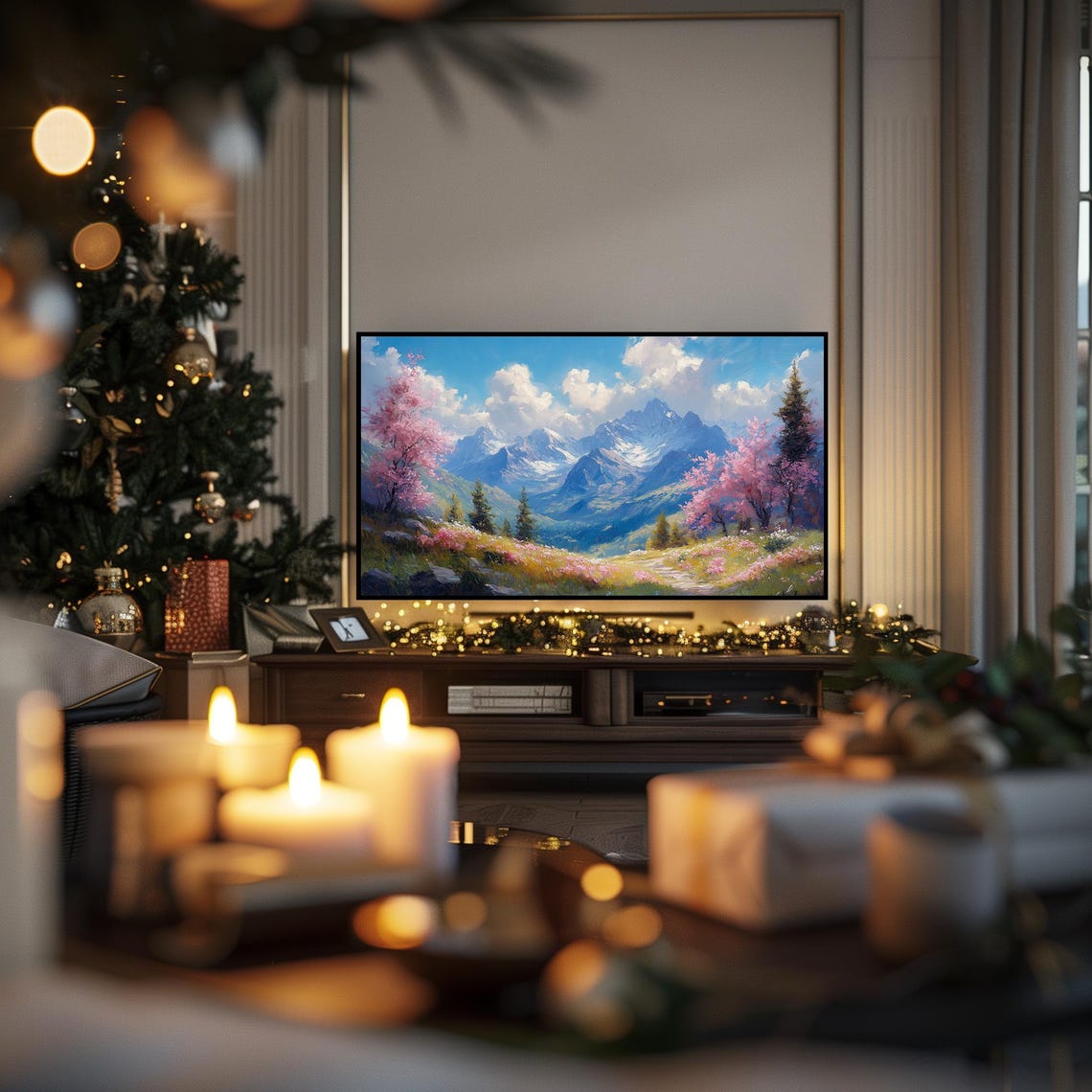 Mountain Valley Pink Blossom Trees Spring Snow Peaks Scenic Wall Art - Image 3