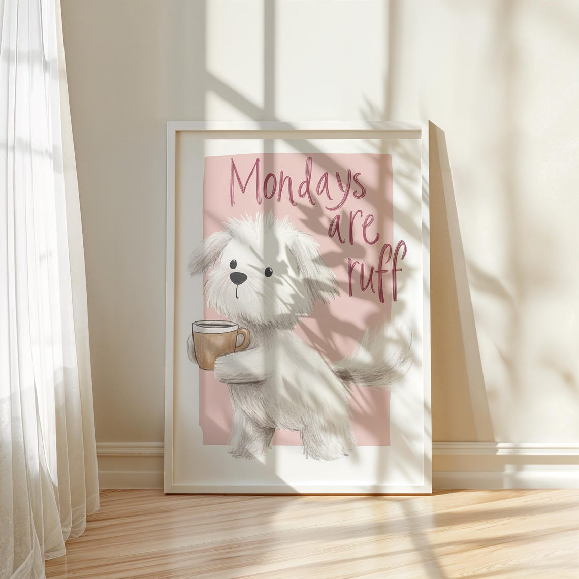 Mondays Are Ruff Funny White Puppy Coffee Retro Pink Wall Art - Image 5
