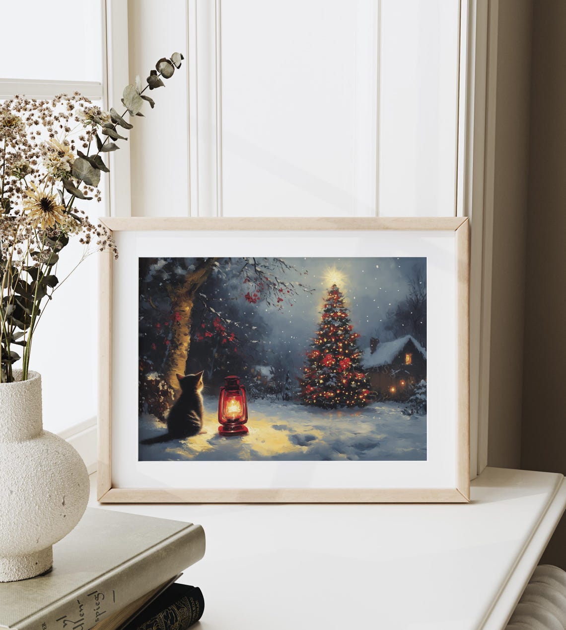 Kitten By A Glowing Lantern Gazing At A Christmas Tree At Night Poster - Image 6