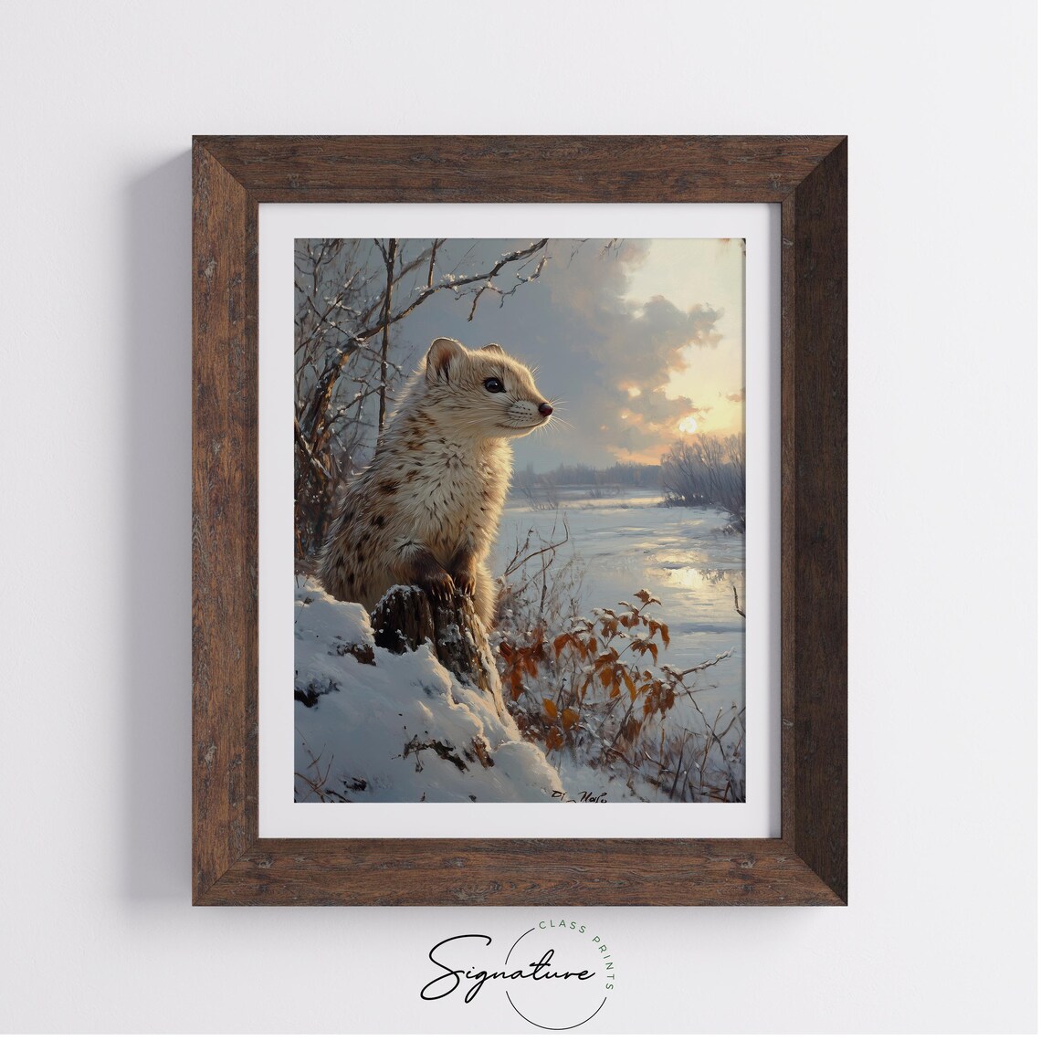 Ermine White Winter Weasel Sunset Frozen River Wildlife Painting Poster - Image 2