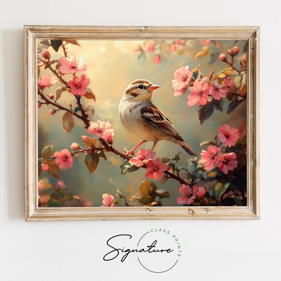 Sparrow Perched Pink Blossom Branch Spring Bird Sunshine Floral Painting Poster