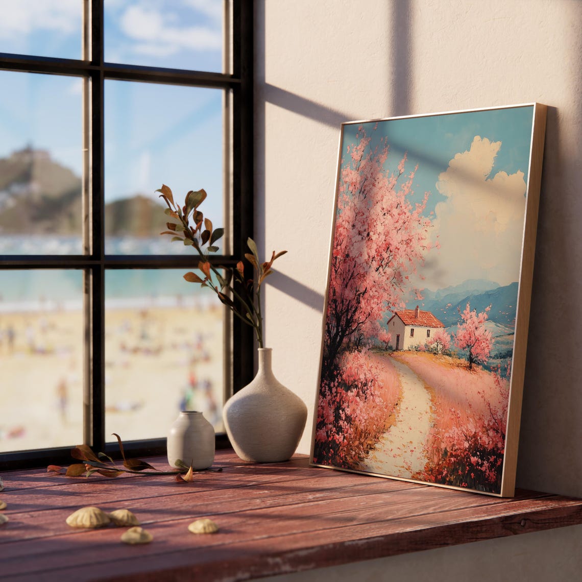 Pink Blossom Orchard White Cottage Mountain Backdrop Spring Poster - Image 3