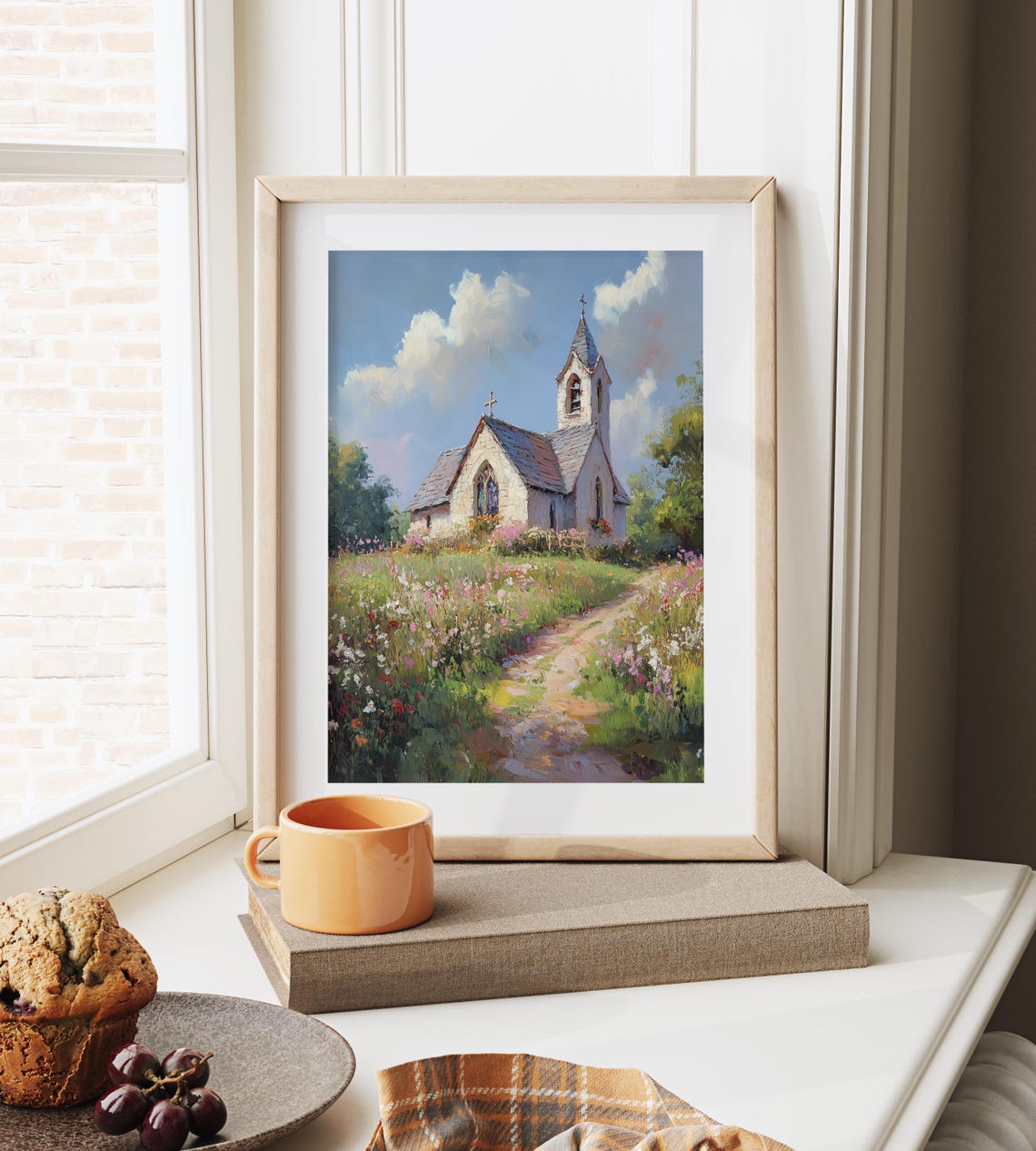 Stone Chapel in Wildflower Meadow Soft Pastel Sky Country Poster - Image 4