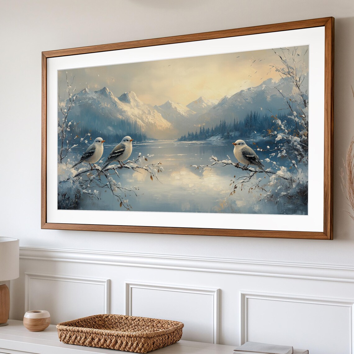 Snow Finches On Snowy Branches Above Winter Lake Mountains Poster - Image 2