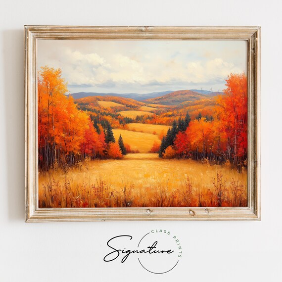 Golden Meadow Valley Ringed by Autumn Forest and Peaks Poster