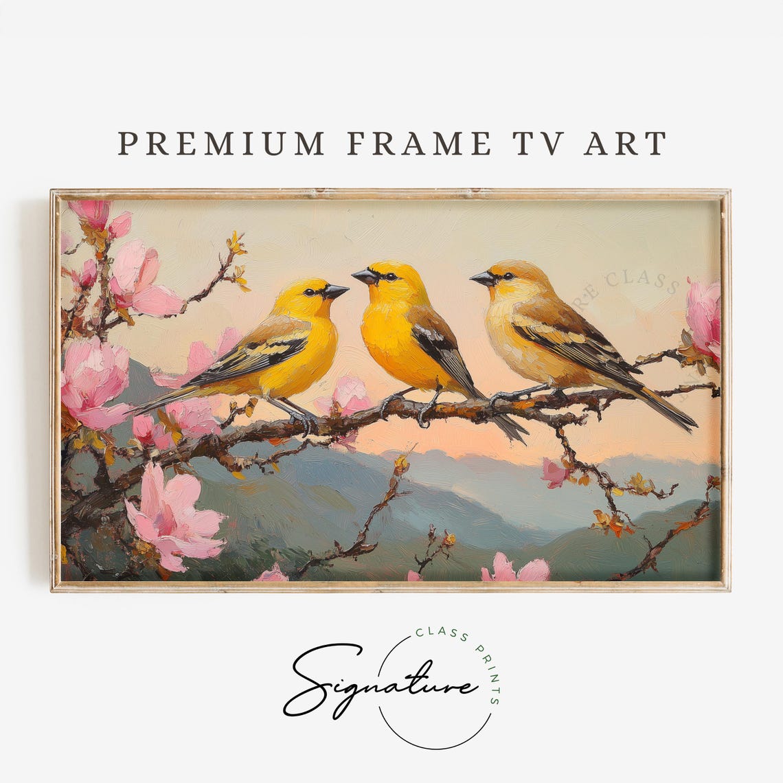 Goldfinches On Cherry Blossom Branch Glowing Mountain Sunset Poster