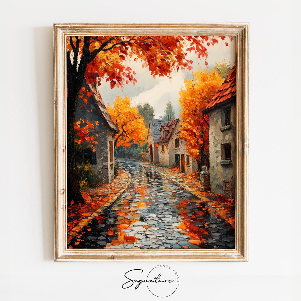 Autumn Cobblestone Street Rain Wet Village Scene Fall Decor Art Poster