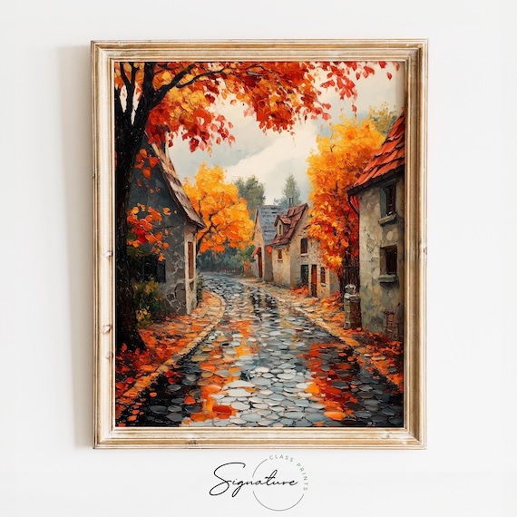 Autumn Cobblestone Street Rain Wet Village Scene Fall Decor Art Poster