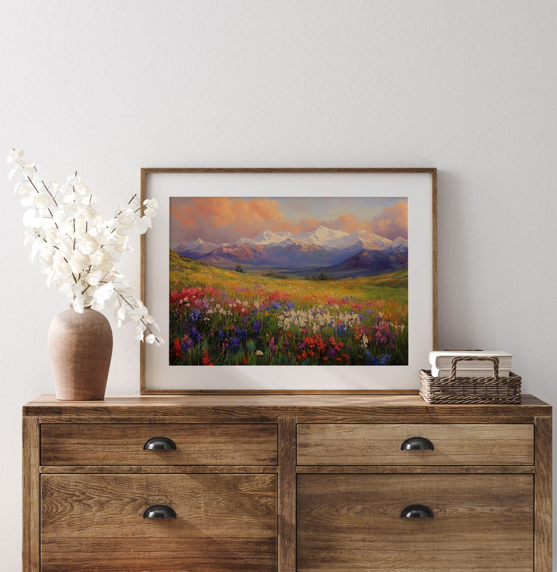 Alpine Wildflower Meadow Sunrise Snow Capped Mountain Landscape Poster - Image 3