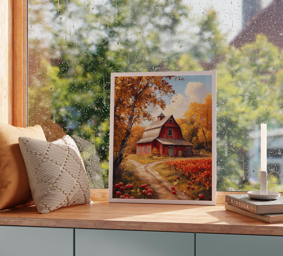 Red Barn With Apple Orchard Path Golden Fall Trees Farm Scene Poster - Image 2