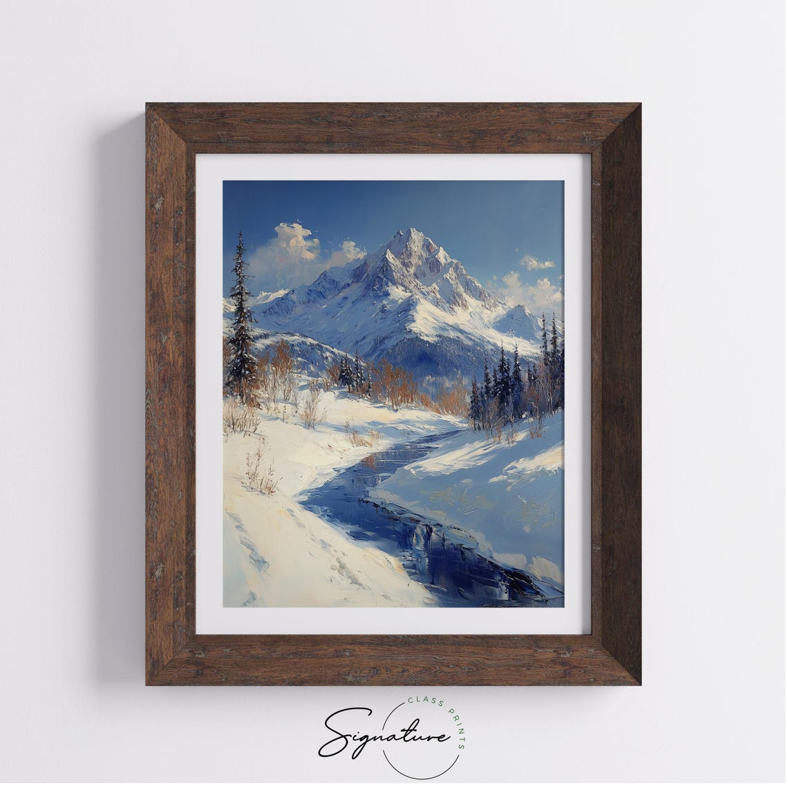 Snowy Mountain Peak With Pine Trees And Winding Stream Poster - Image 3