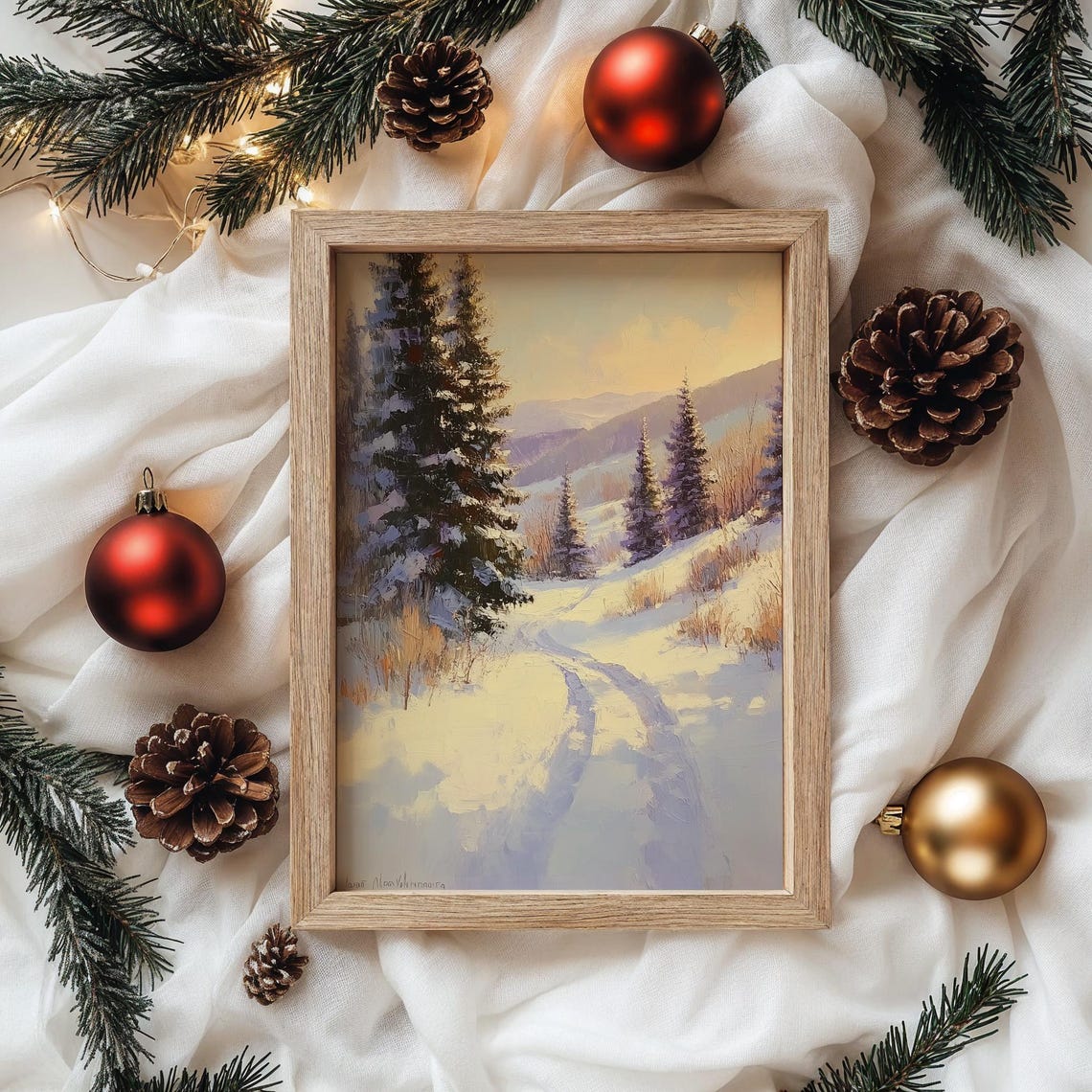 Golden Sunset Over Snowy Pine Hillside Winter Trail Scene Poster - Image 4