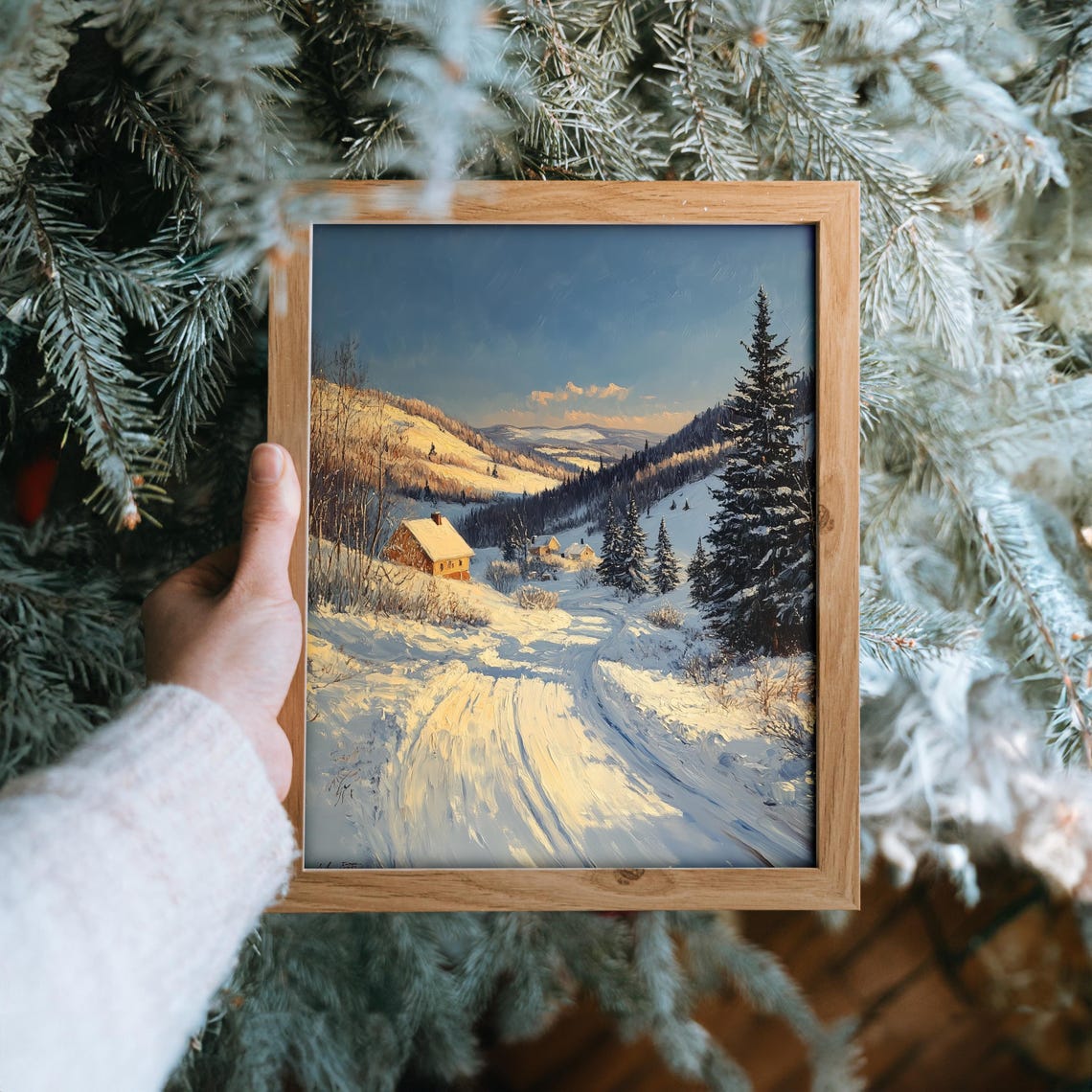 Golden Hour Glow On Snowy Mountain Road With Rustic Cabin Poster - Image 6