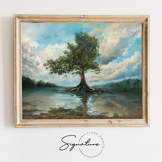 Solitary Sycamore Tree In Flooded Riverside Scenic Wall Art Nature Landscape Painting Living Room Decor Water Scene 1021