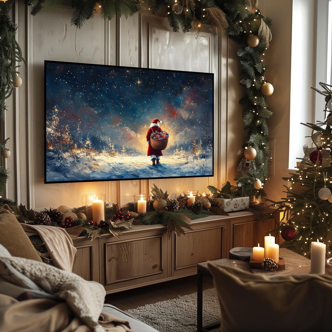 Santa Claus Carrying Toy Basket Under Starry Winter Sky Poster - Image 3