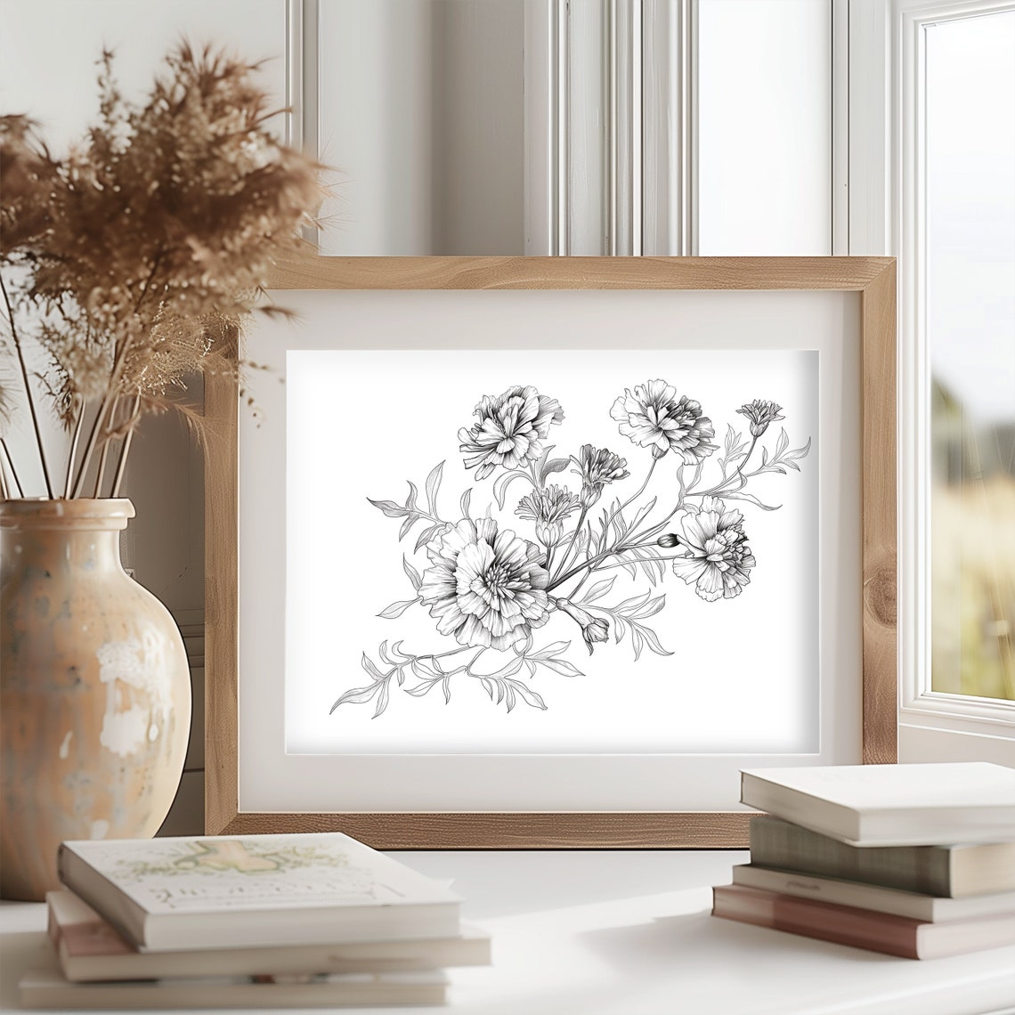 Marigold Cluster Fine Detailed Ink Botanical Line Drawing Poster - Image 2