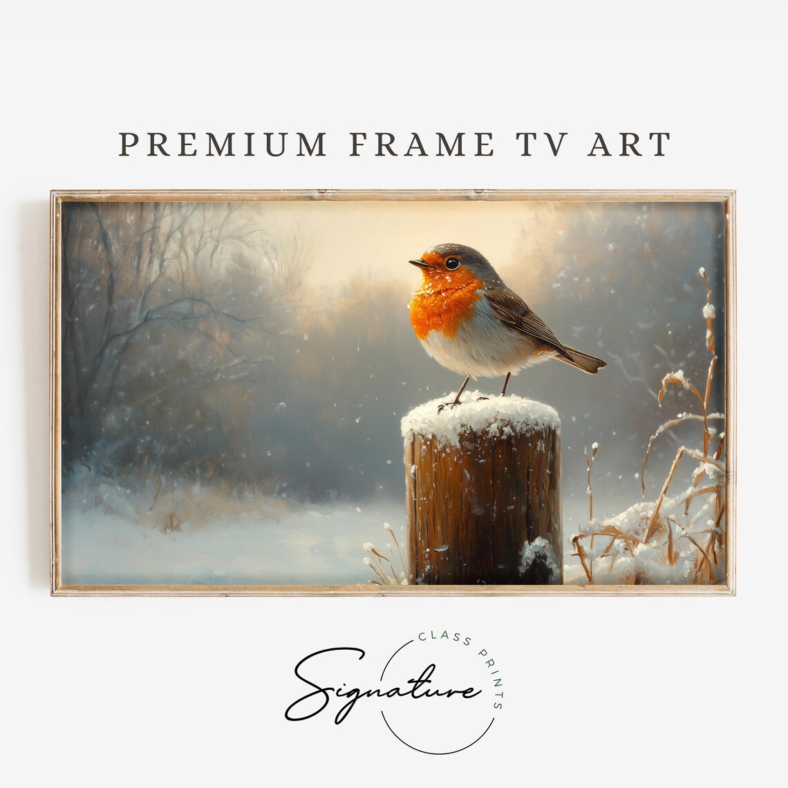 European Robin on Snow Covered Stump Winter Woodland Bird Poster