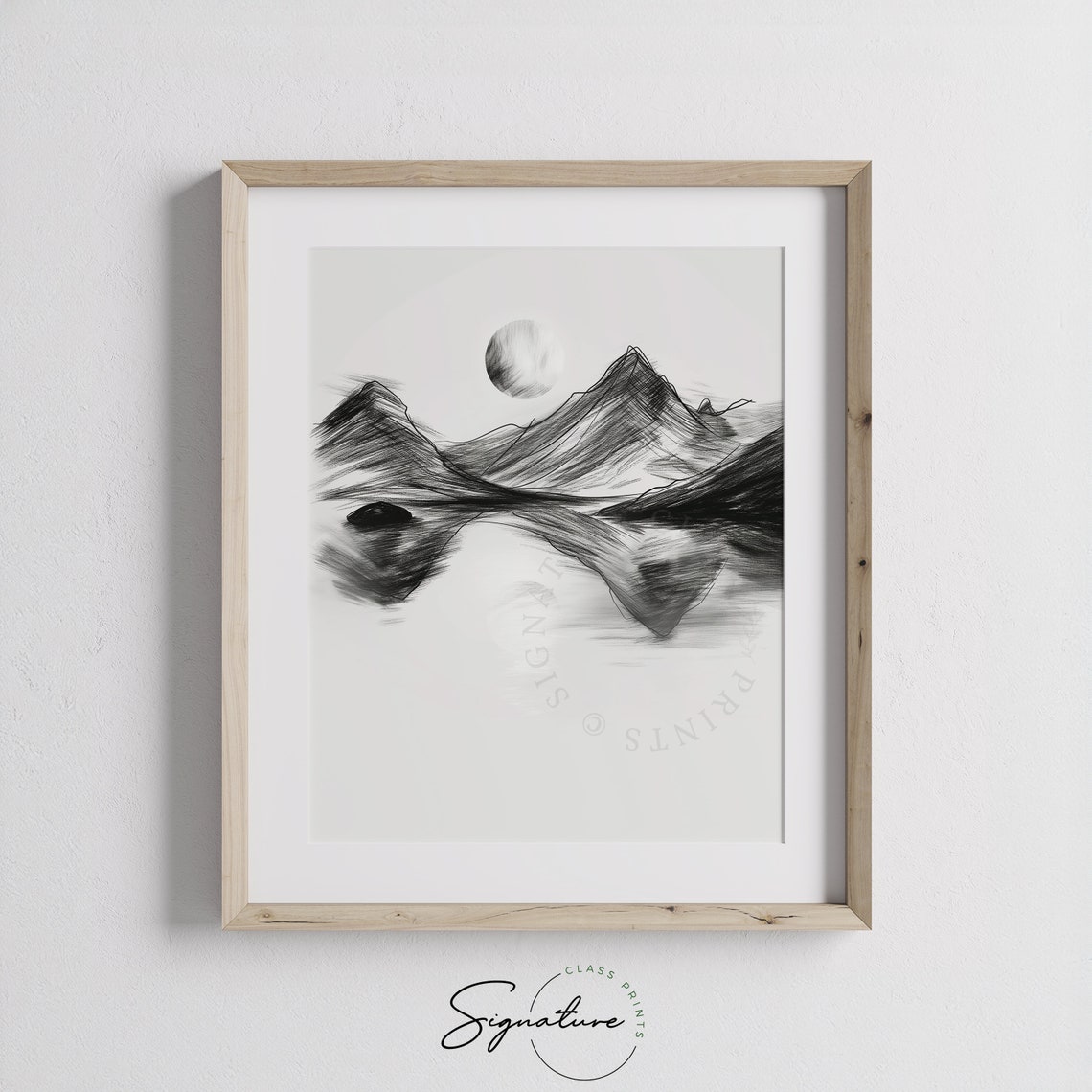 Moonlit Mountain Lake With Glowing Full Moon Monochrome Ink Poster - Image 3