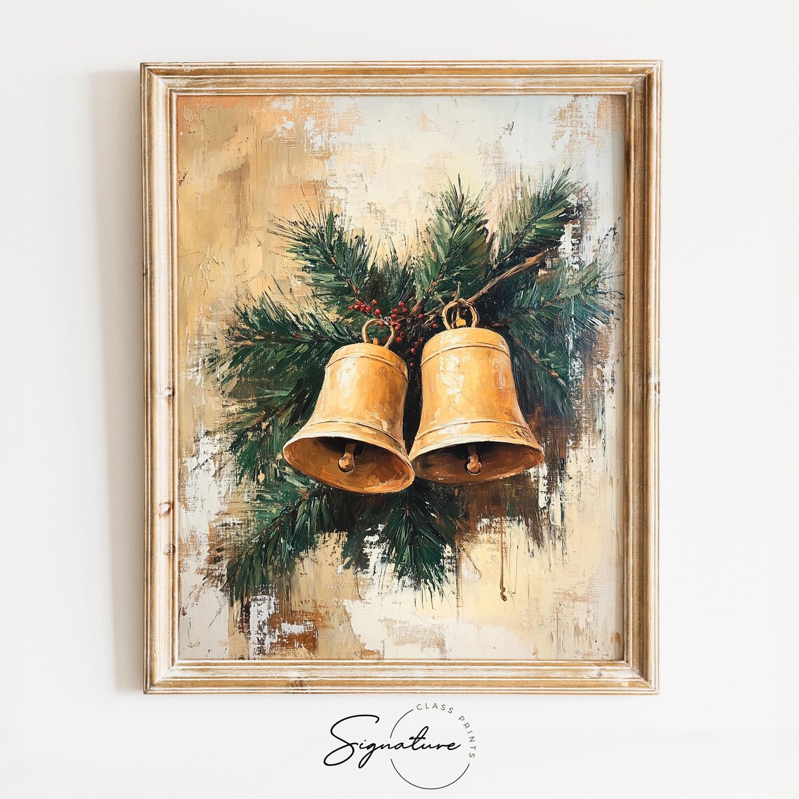 Pair of Golden Christmas Bells with Pine Branches Oil Painting Print