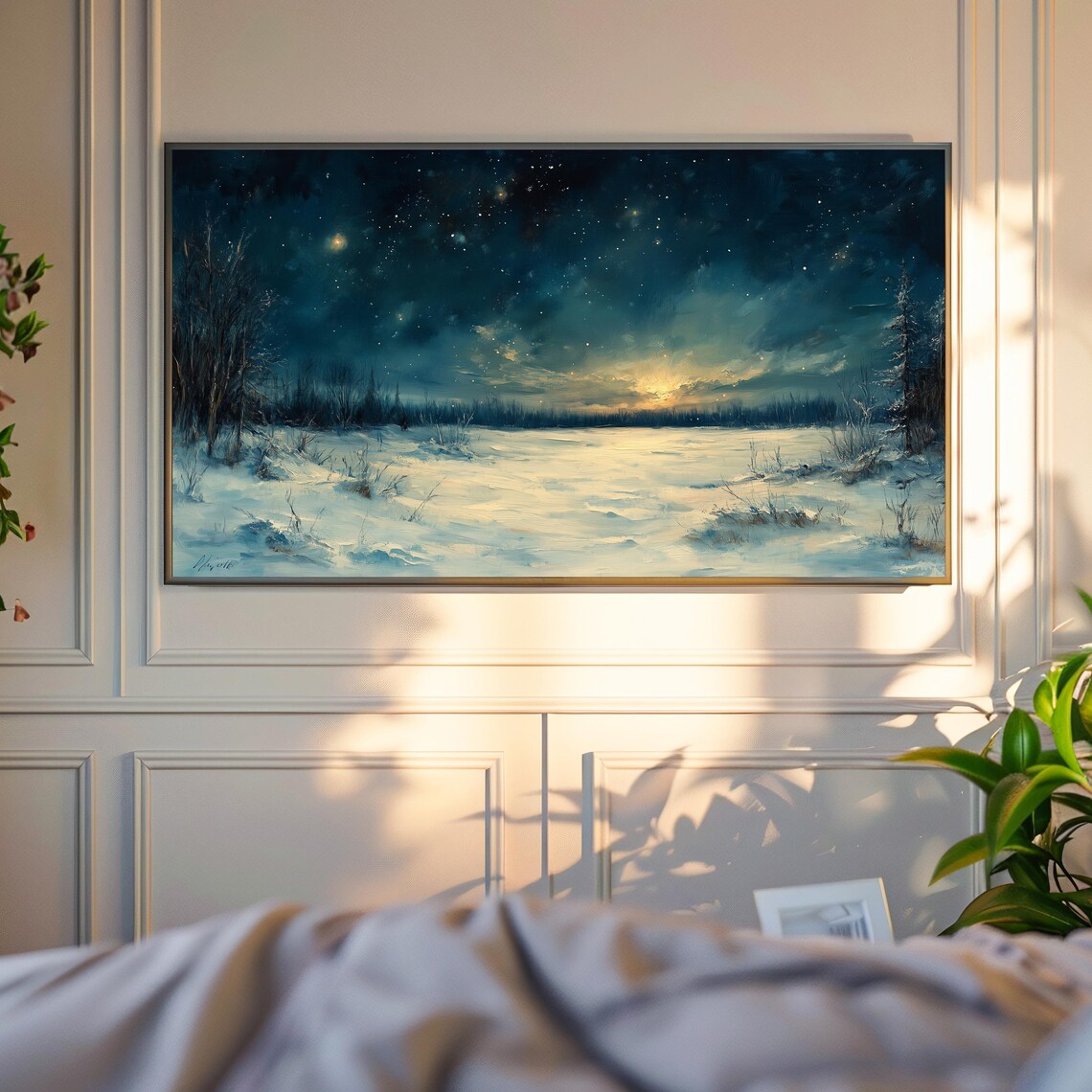 Starry Winter Night Over Snowy Meadow With Moonlit Sky Landscape Art Poster - Image 4