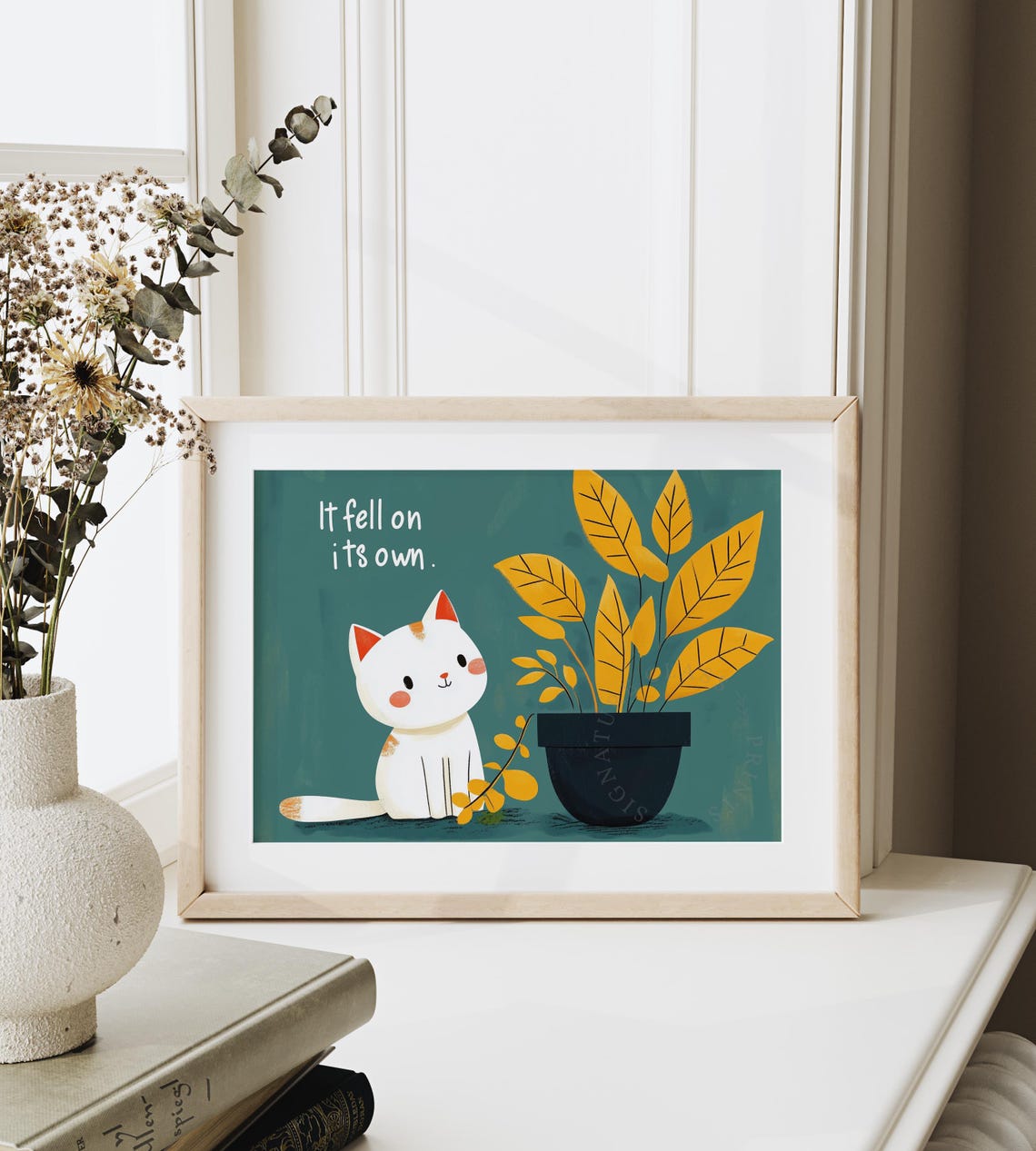 It Fell On Its Own Funny White Cat Plant Denial Cute Teal Wall Art - Image 6