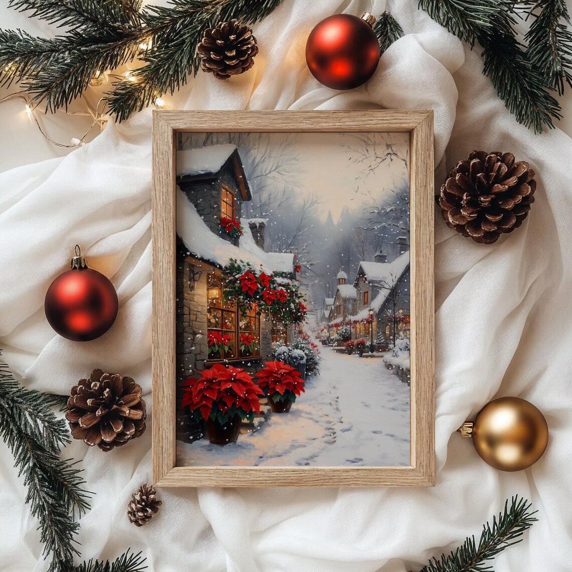 Poinsettia Flower Shop on a Snowy Village Street Christmas Poster - Image 4