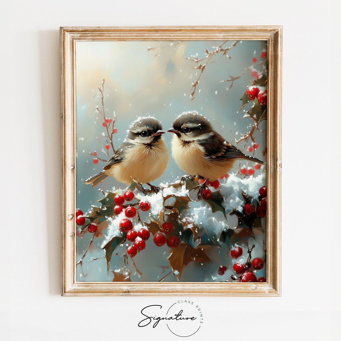 Two Songbirds on Snowy Holly Branch With Red Winter Berries Poster