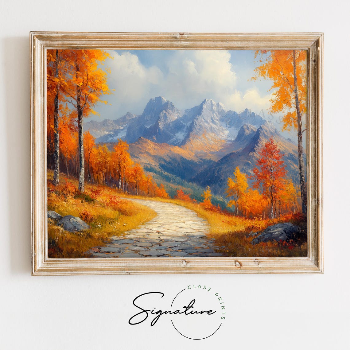 Rocky Path Through Fiery Autumn Forest Toward Mountain Peaks Poster