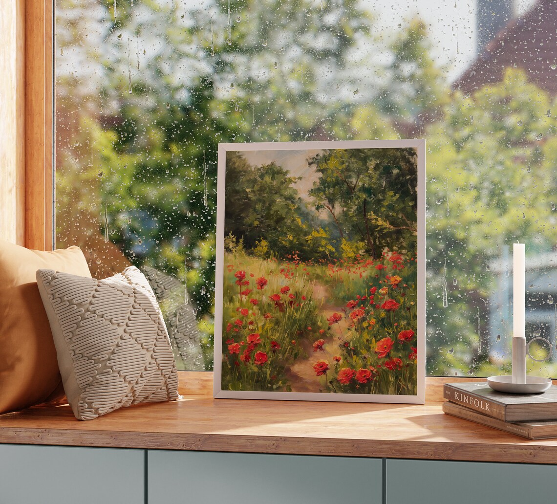 Poppy Field Painting, Rustic Wildflower Landscape - Image 2