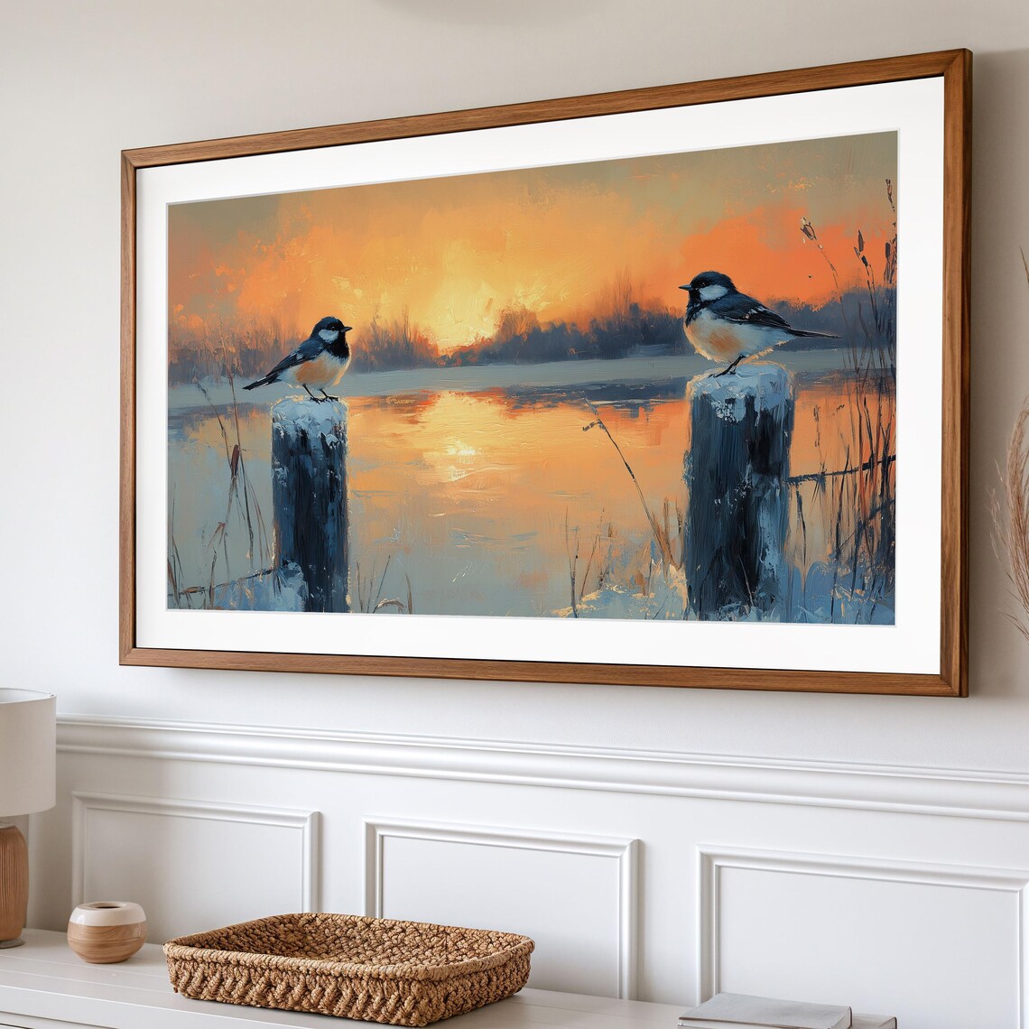 Winter Songbird Pair On Snowy Posts At Orange Lakeside Sunset Art Poster - Image 2
