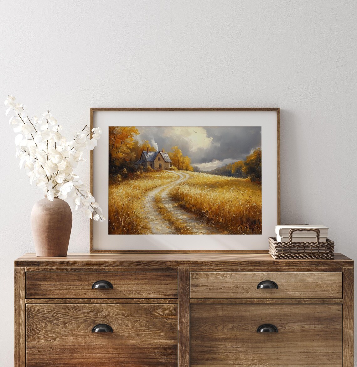 Country Farmhouse With Chimney Smoke Golden Grass Autumn Evening Poster - Image 3