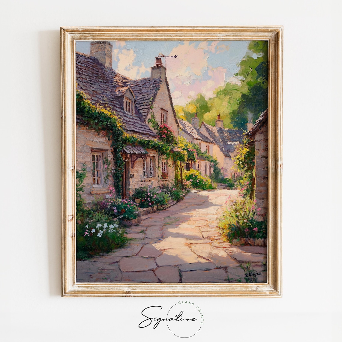 Sunlit English Village Lane Ivy Covered Stone Cottages Poster