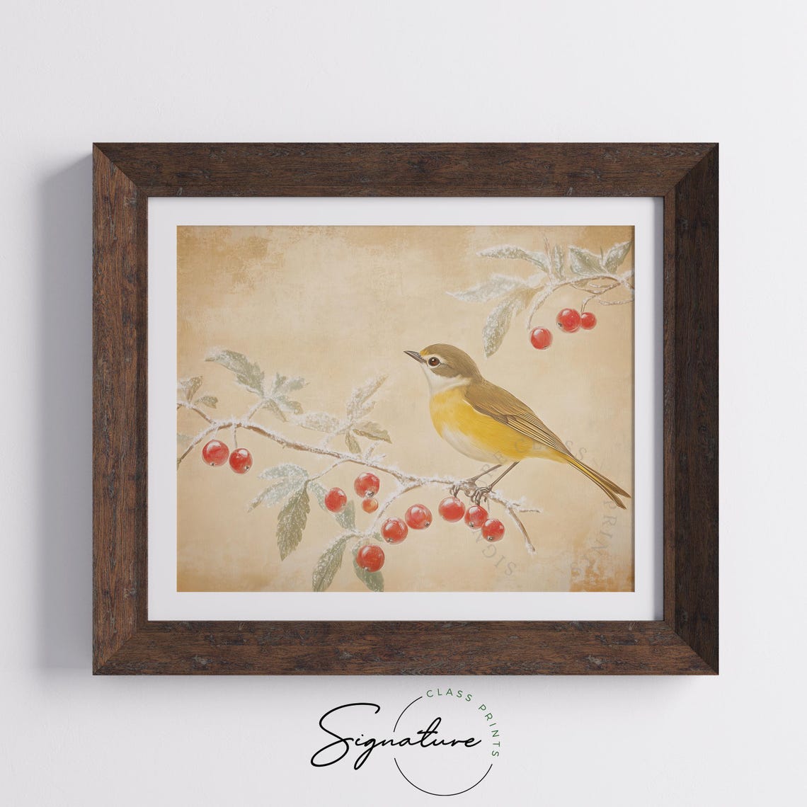 Yellow Breasted Chat Beside Frosted Red Berries Rustic Poster - Image 4