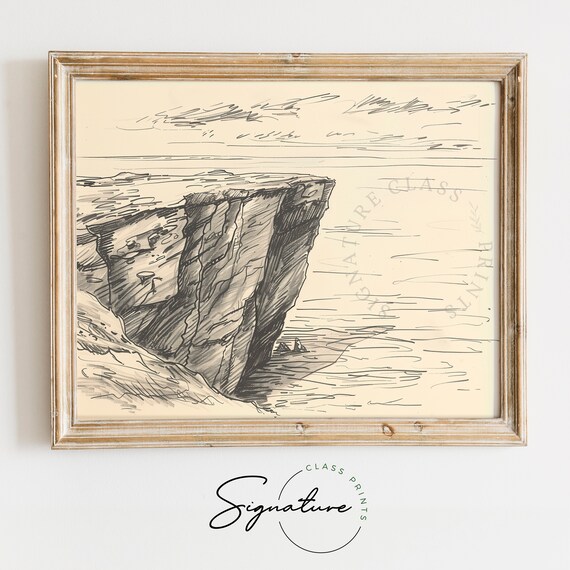 Sea Cliff Headland Pencil Sketch Dramatic Coastal Drawing Poster