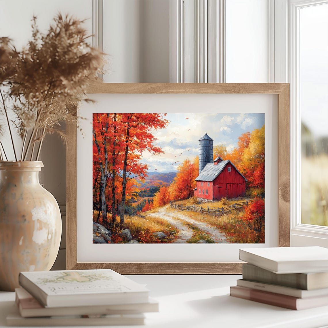 Red Barn Silo Autumn Valley Fall Farm Rustic Landscape Wall Art - Image 2