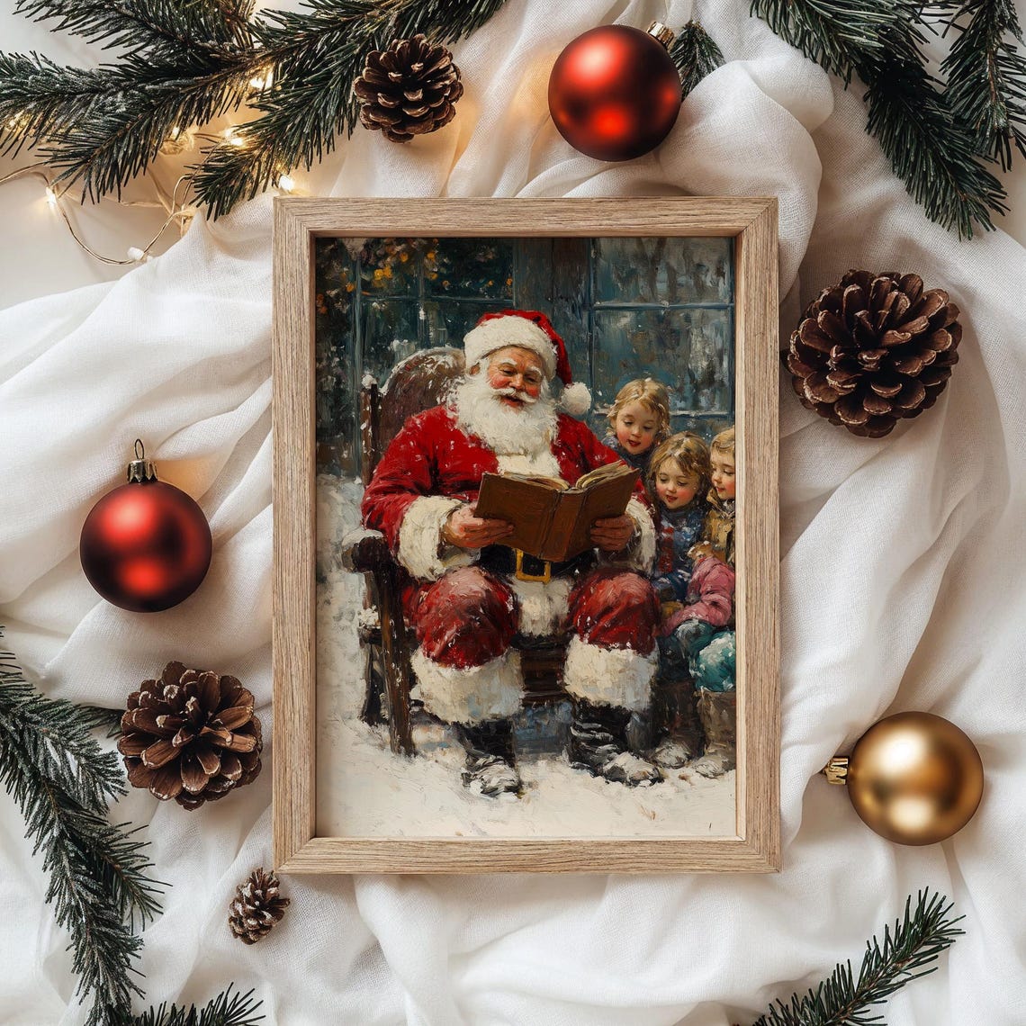Santa Claus Reading Stories to Children Snowy Christmas Print - Image 4