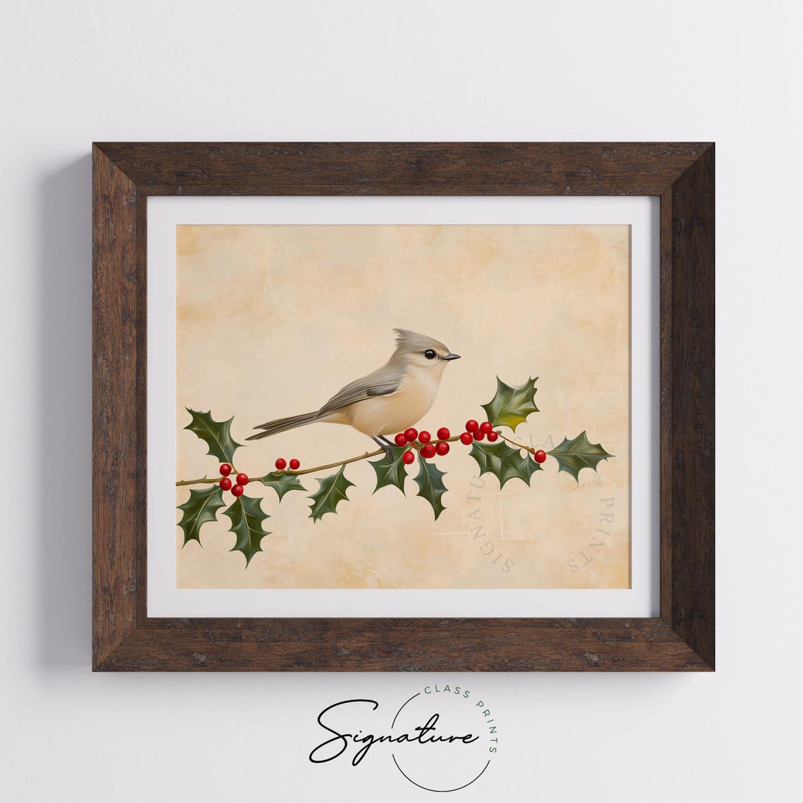 Tufted Titmouse on Holly Branch with Red Berries Bird Art Poster - Image 4
