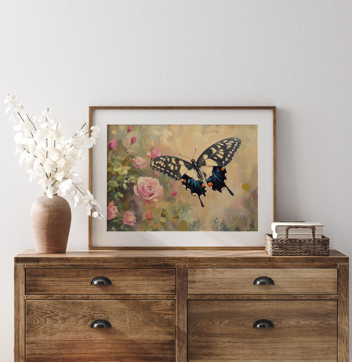 Swallowtail Butterfly Over Pink Roses Vintage Insect Floral Wall Art - Image 2