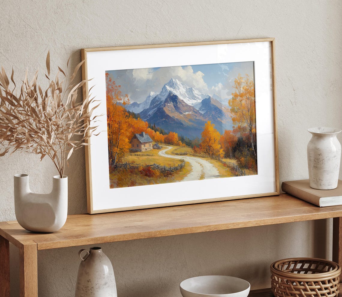 Cabin Autumn Forest Dirt Road Snowy Peak Oil Painting Poster - Image 4