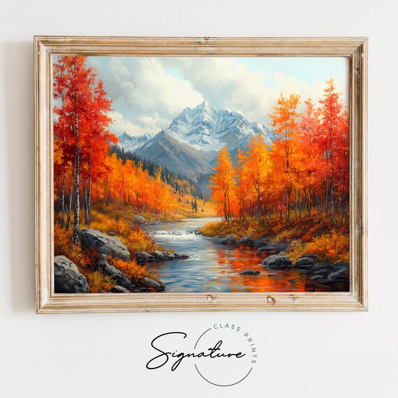 Mountain River Flowing Past Red Aspens Toward Snowy Peaks Wall Art