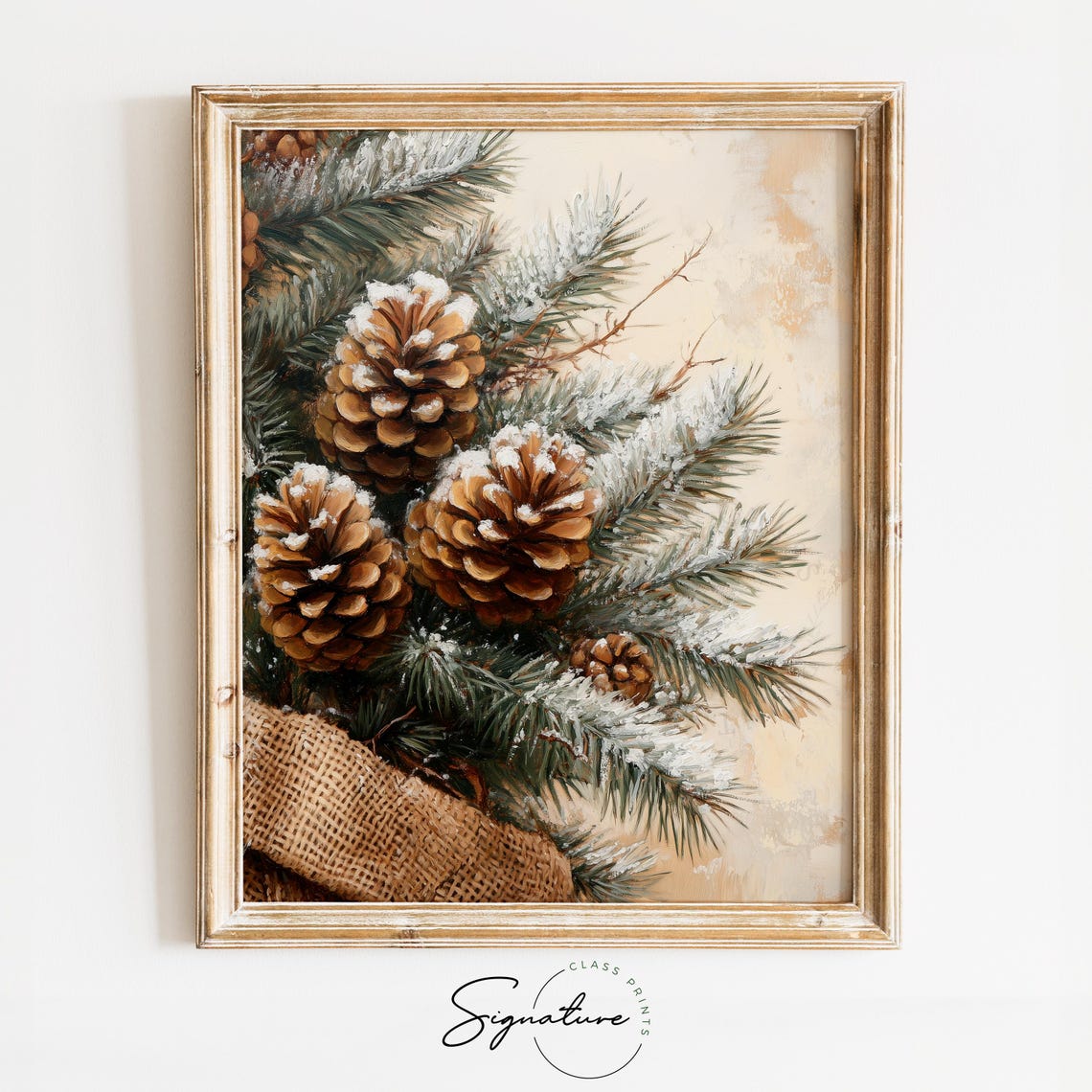 Snowy Pinecones And Evergreen Branches With Burlap Wrap Poster
