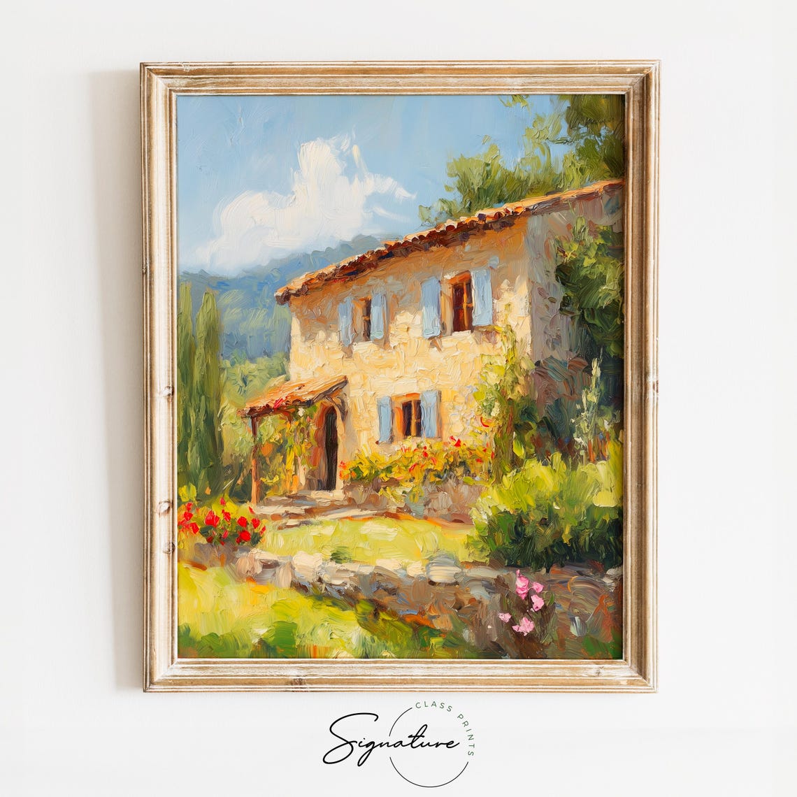 Stone Farmhouse Blue Shutters Cypress Trees Summer Garden Poster