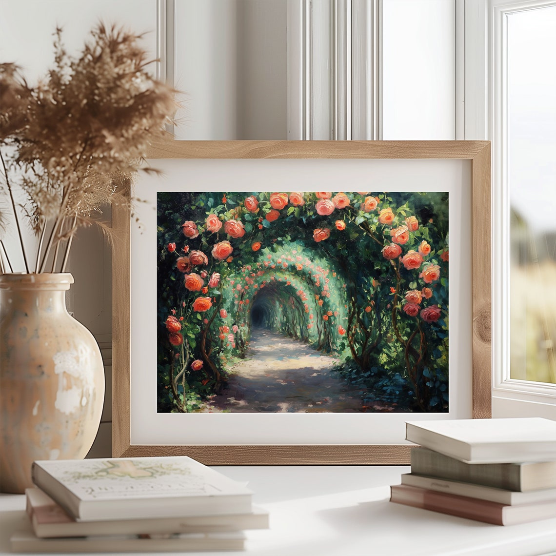 Impressionist Coral Rose Tunnel Garden Path Blooming Flowers Poster - Image 2